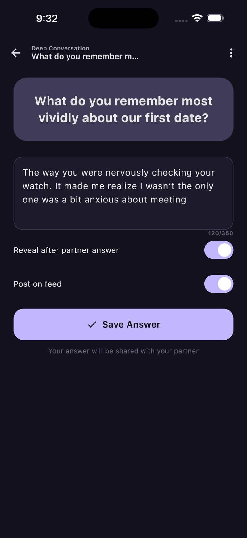 A HeartTap deep conversation question asking what you remember most vividly about our first date