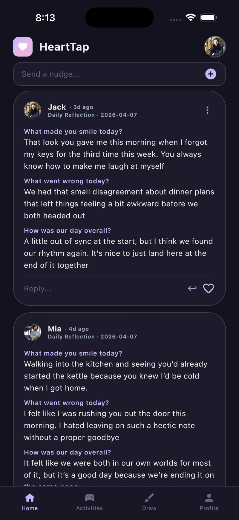 HeartTap daily reflection showing both partners answering what made you smile today